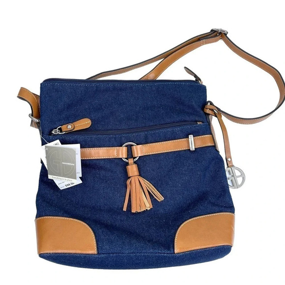 NWT Giani Bernini Denim and Leather Bag in British Tan - Picture 1 of 6